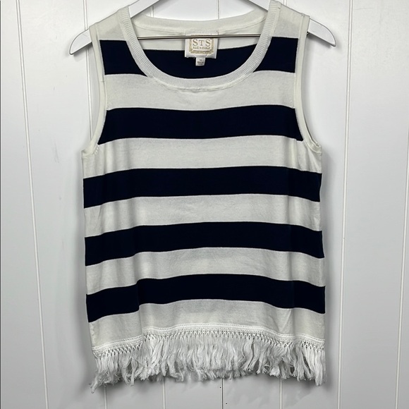 Sail to Sable Womens Sweater M Blue/White Stripes Sleeveless Fringe Hem Pullover - Picture 1 of 11